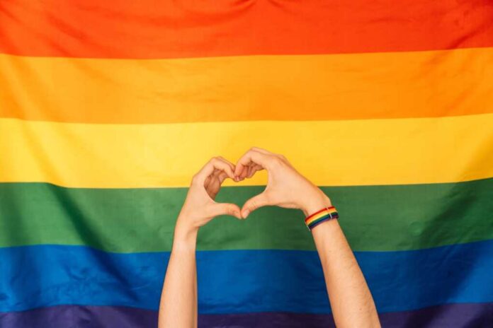 Hands,Showing,Heart,And,Love,Against,Lgbt,Flag.