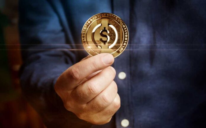 Usdc,Usd,Coin,Stablecoin,Cryptocurrency,Golden,Coin,In,Hand,Abstract