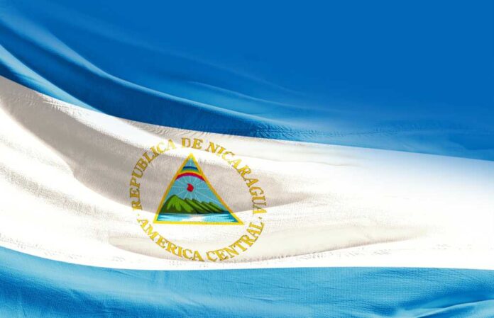 Nicaragua,National,Flag,Cloth,Fabric,Waving.
