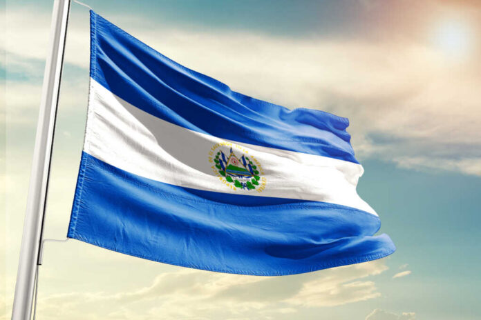 El,Salvador,National,Flag,Cloth,Fabric,Waving,On,The,Sky