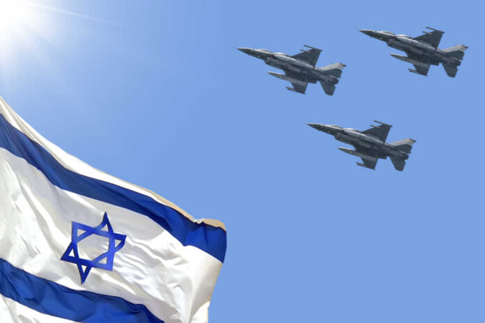 Israeli,National,Waving,Flag,And,Military,Fighter,Jets,Flying,In