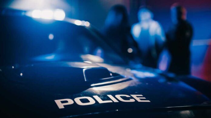Cinematic,Focus,On,Patrol,Car:,Two,Police,Officers,Arrest,Suspect,