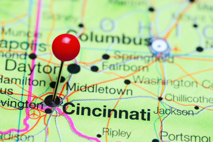 Cincinnati,Pinned,On,A,Map,Of,Ohio,,Usa