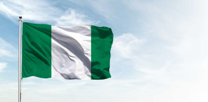 Nigeria,Flag,In,The,Blue,Sky.,Horizontal,Panoramic,Banner.