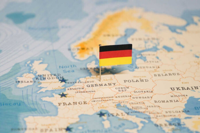 Map of Europe with a small German flag pin marking Germany