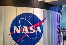 NASA logo displayed on a wall with the word USA