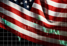 American flag overlaid with stock market data