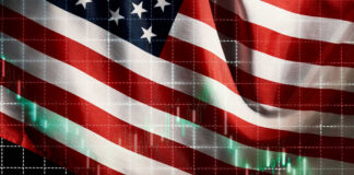 American flag overlaid with stock market data