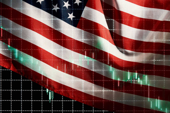 American flag overlaid with stock market data