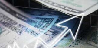 Close-up of U.S. dollar bills with a rising graph overlay
