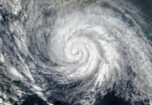 Satellite image of a hurricane swirling over the ocean