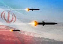 Missiles launching against a backdrop of the Iranian flag