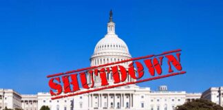 U.S. Capitol building with the word 'SHUTDOWN' superimposed in red