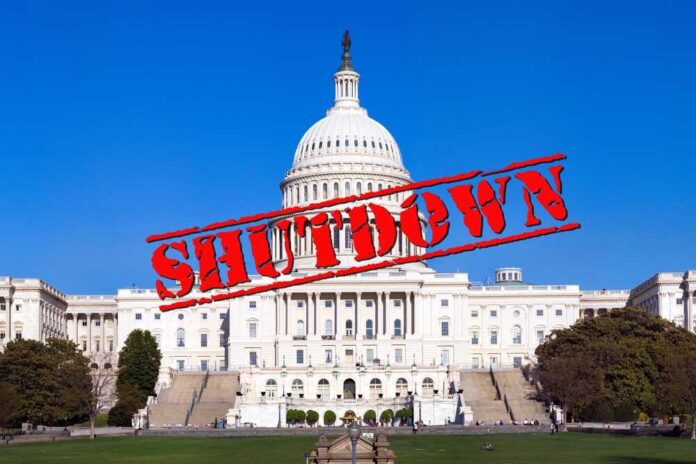 U.S. Capitol building with the word 'SHUTDOWN' superimposed in red