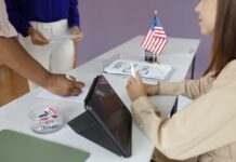 Individuals participating in the voting process at a polling station