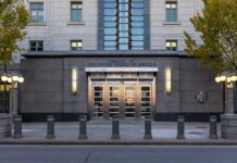 Entrance of the United States Embassy with modern architecture