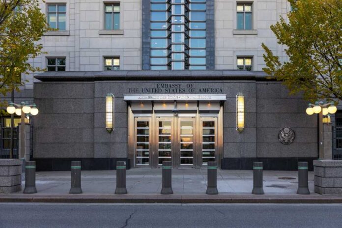 Entrance of the United States Embassy with modern architecture