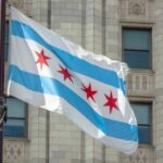 Chicago flag waving in front of a building