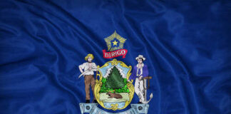 Maine state flag featuring its coat of arms on a blue background