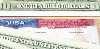 A collection of US dollar bills and a visa document