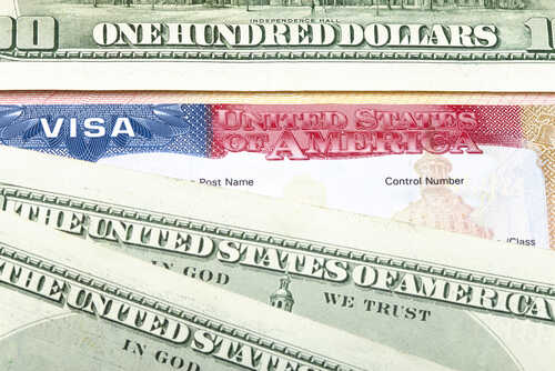 A collection of US dollar bills and a visa document