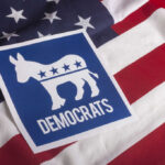 Democratic Party logo featuring a donkey on an American flag background