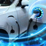 Electric vehicle charging at a station with glowing indicators