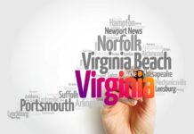 A hand holding a marker creating a word cloud of Virginia cities