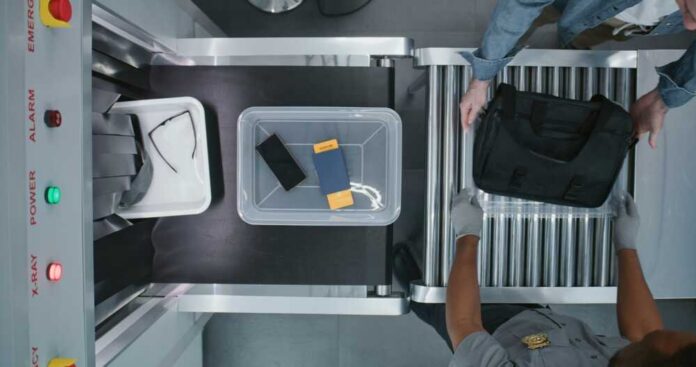 Items being screened at an airport security checkpoint