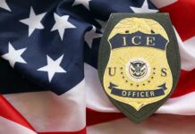 ICE officer badge displayed on an American flag background