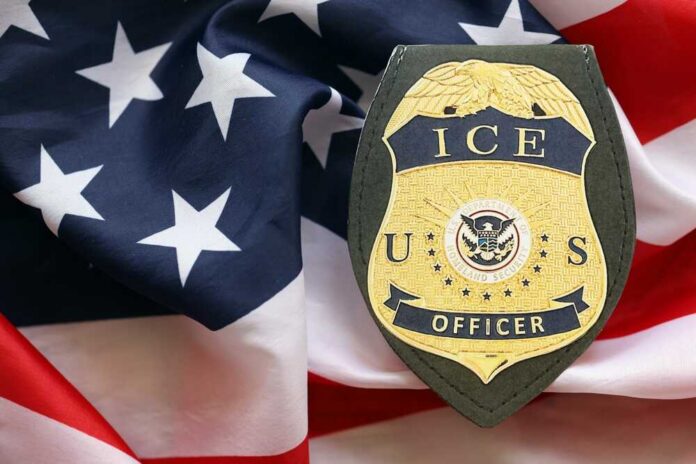 ICE officer badge displayed on an American flag background