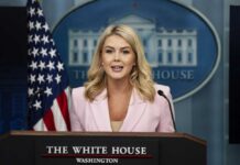 A government official speaking at a press briefing in front of the White House backdrop