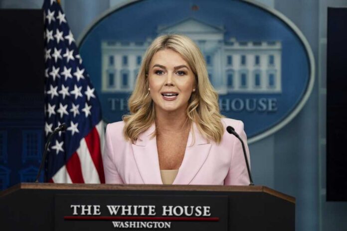 A government official speaking at a press briefing in front of the White House backdrop