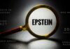 Magnifying glass focusing on the word 'EPSTEIN' with related text around it
