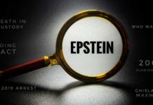 Magnifying glass focusing on the word 'EPSTEIN' with related text around it