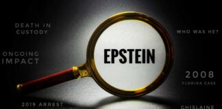 Magnifying glass focusing on the word 'EPSTEIN' with related text around it