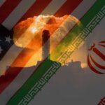 An artistic representation of the US and Iran flags with a nuclear explosion in the background