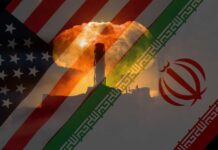 An artistic representation of the US and Iran flags with a nuclear explosion in the background