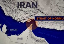 Map highlighting the Strait of Hormuz near Iran