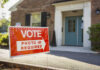 A sign indicating that photo ID is required to vote at a polling location