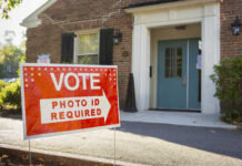 A sign indicating that photo ID is required to vote at a polling location