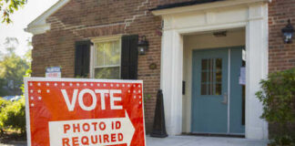 A sign indicating that photo ID is required to vote at a polling location