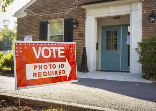 A sign indicating that photo ID is required to vote at a polling location