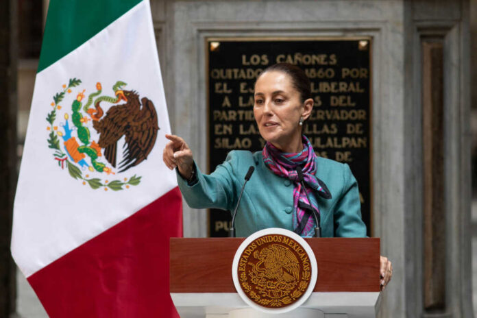 A government official delivering a speech in front of the Mexican flag