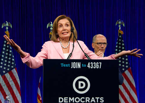 San,Francisco,,Ca,-,August,23,,2019:,Speaker,Of,The A female politician speaking at a podium with Democratic Party branding