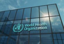 Facade of the World Health Organization building with logo
