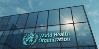 Facade of the World Health Organization building with logo