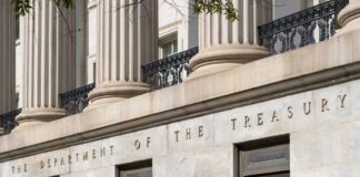 Facade of the Department of the Treasury with columns and engraved text