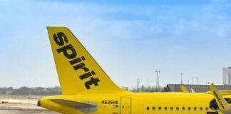 Close-up of the tail of a Spirit Airlines airplane at an airport