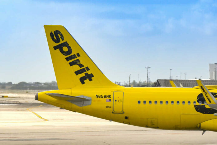 Close-up of the tail of a Spirit Airlines airplane at an airport
